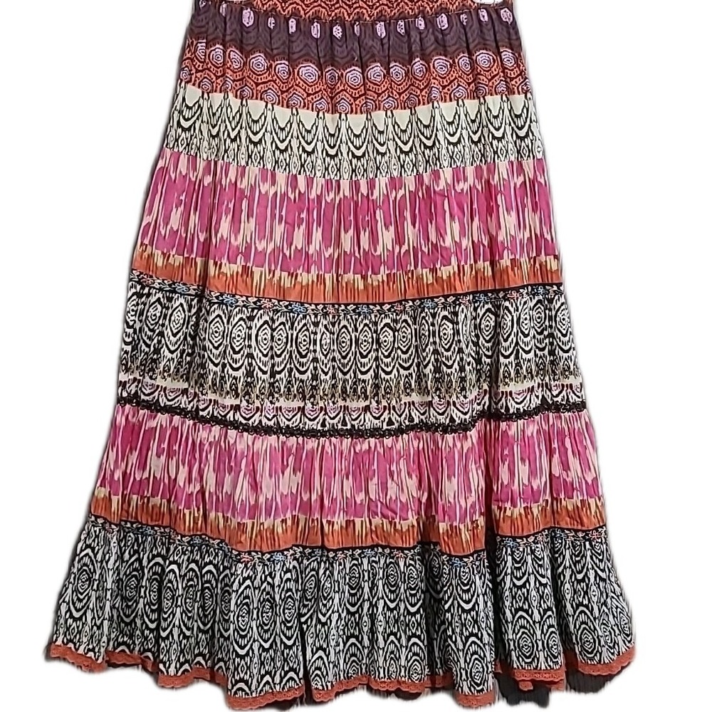 Mixed Print Tiered Bohemian Skirt Size M Lined Lace Trim Made in India Boho
